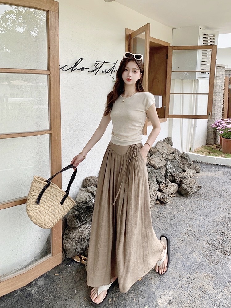 SET QUẦN ỐNG RỘNG GIẢ VÁY MIDI XẾP LY DÂY RÚT LƯNG THUN CAO MAXI + ÁO THUN 3 LỖ PASTEL ĐI TIỆC DẠO PHỐ ĐI CHƠI ĐI BIỂN