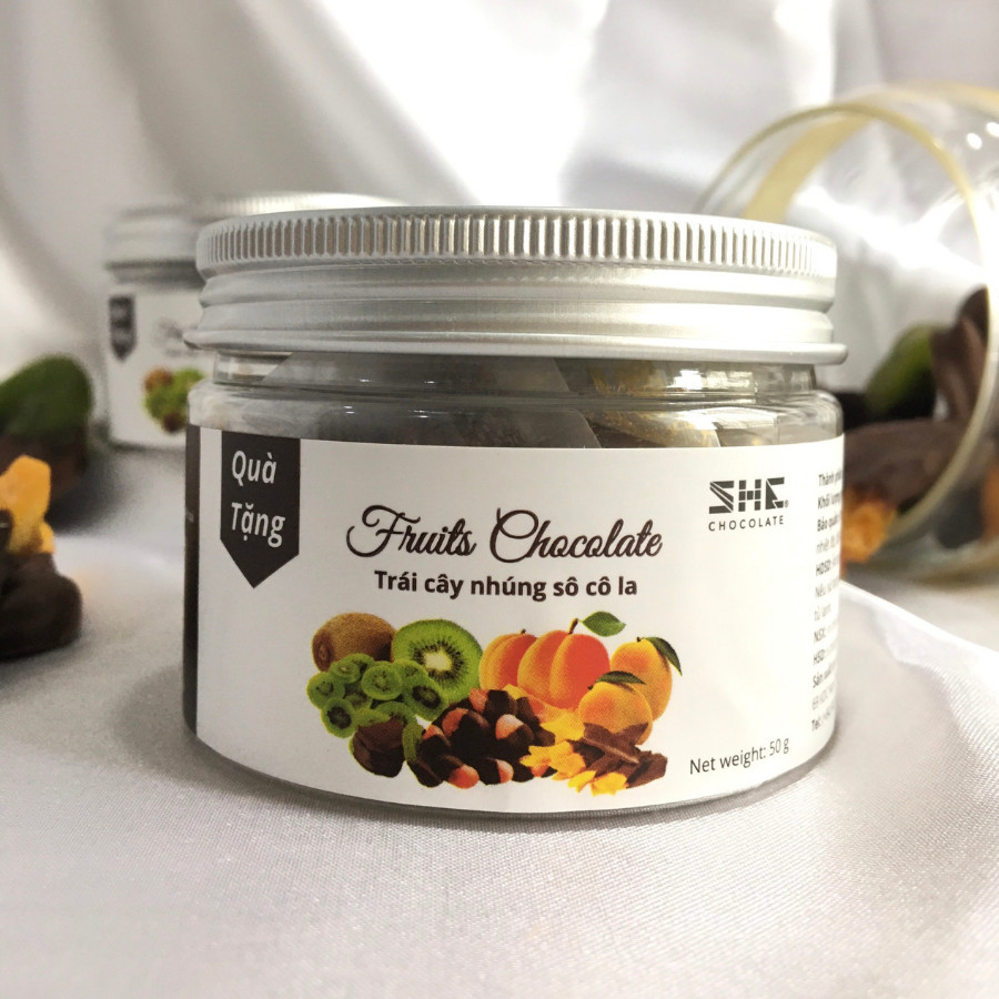 Trái cây nhúng socola thập cẩm mix 4 vị - Hũ 50g - SHE Chocolate - Đa dạng vị giác, tốt cho sức khỏe. Quà tặng người thân, dịp lễ, thích hợp ăn vặt