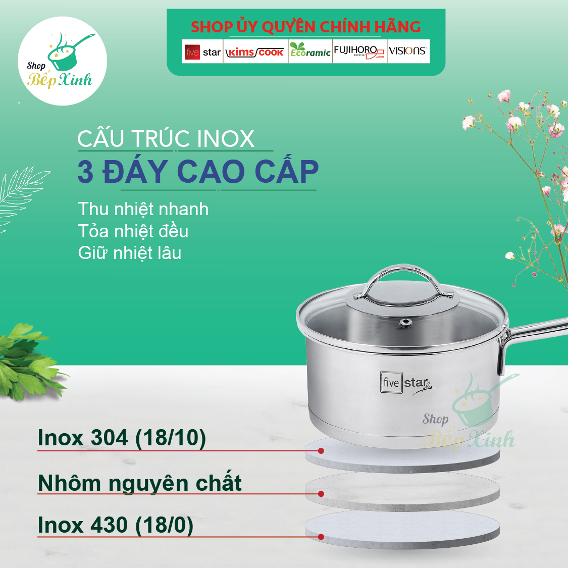 Combo bộ nồi xửng hấp inox cao cấp Fivestar 6 món 3 đáy từ nắp kính , dùng tốt bếp từ , hồng ngoại , gas