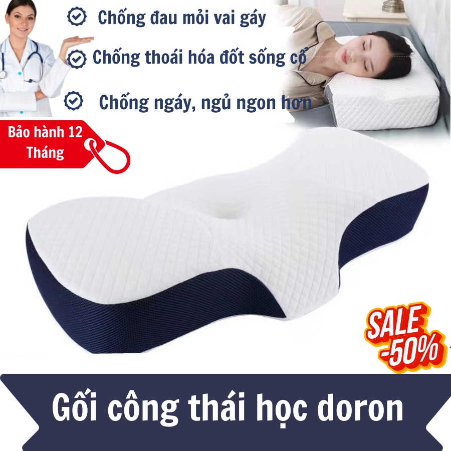 Gối cao su non công thái học DORON, Gối chống đau mỏi vùng cổ vai gáy, ngủ gáy khi ngủ hàng cao cấp (Lồng sẵn vỏ)