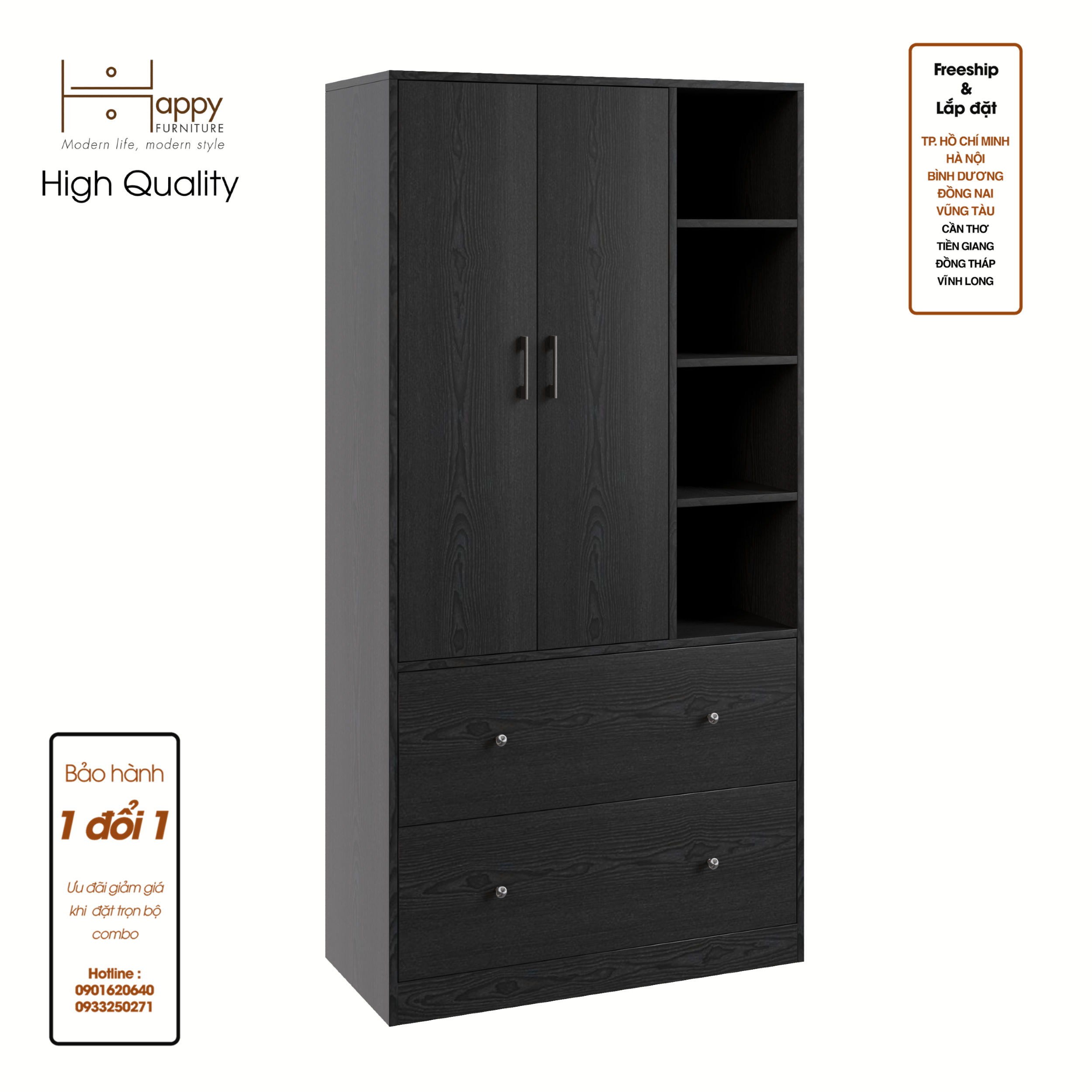 [Happy Home Furniture] SALY ,  Tủ quần áo đa năng - kết hợp kệ ,  90cm x 40cm x 180cm ( DxRxC), TCM_008