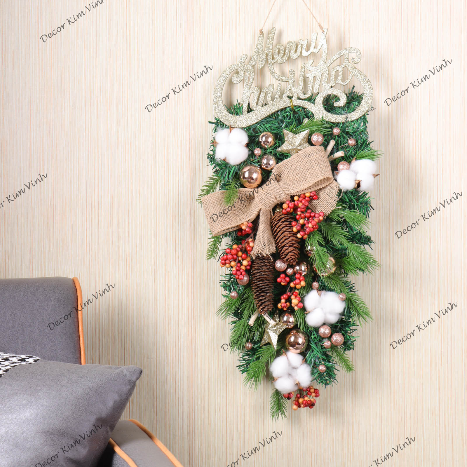 Dây Treo Chùm Thông CT06 Chùm Thông Merry Nơ Vải Trang Trí Noel Kèm đèn