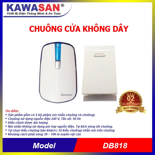 Chuông cửa không dây Kawasan KW - DB818 nút nhấn không cần dùng pin , chống nước IP67 - Hàng chính hãng