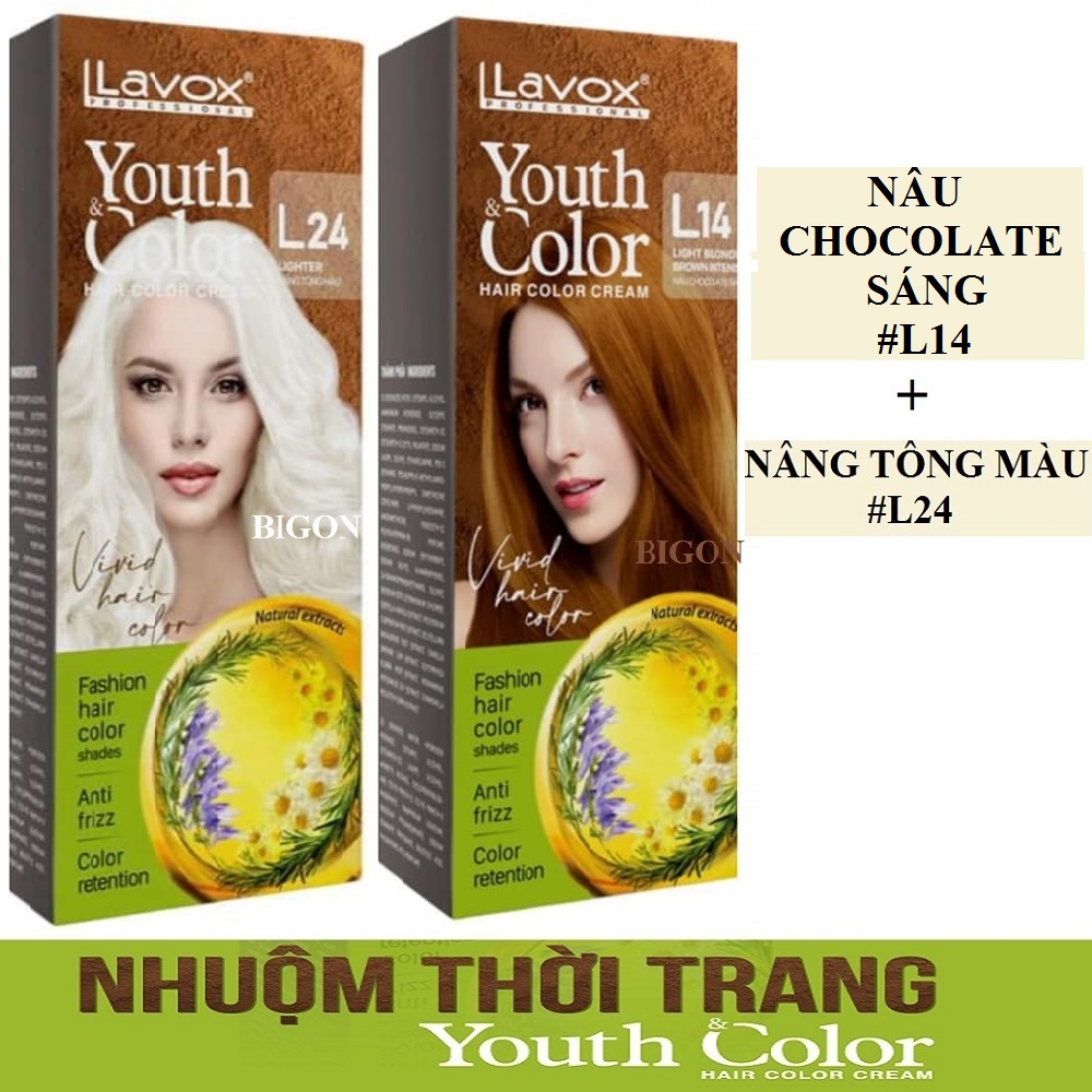 Nâu Chocolate Sáng - Combo 2 Kem Nhuộm Tóc Màu Thời Trang Lavox Youth&Color L14 Nâu Chocolate Sáng + L24 Nâng Tông Màu (Sử Dụng Màu L24 Để Nâng Tông Màu Tóc Trước Khi Nhuộm Màu L14 Nâu Chocolate Sáng)