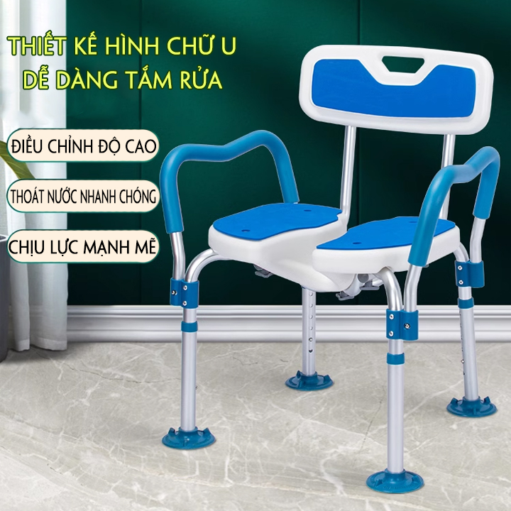 Ghế tắm cho người già có tay vịn tựa lưng điều chỉnh chiều cao, Ghế tắm cho người bệnh chân đế chống trượt KO197