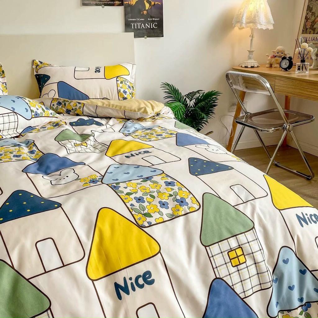 Bộ chăn ga gối Cotton Poly M2T bedding ngôi nhà nhỏ, vỏ chăn mền, drap giường và 2 vỏ gối