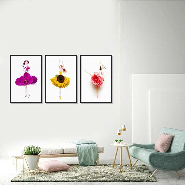 Bộ 3 Tranh Canvas Viền Composite Trang Trí Phòng Khách Đẹp "Thiếu Nữ Hoa" W286