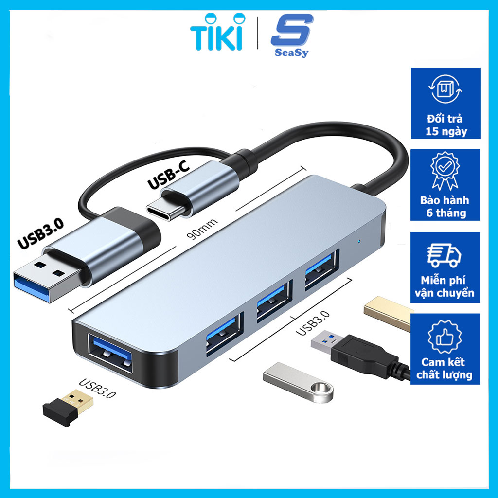 Hub Chuyển Đổi 2 Đầu USB TypeC Và USB 3.0 Kết Hợp SeaSy, Tích Hợp 2 Đầu TypeC Và USB 3.0 To 4 Cổng USB 3.0, Khe Đọc Thẻ Nhớ SD/TF Tốc Độ Cao, Kết Nối Đa Năng Cho Macbook, Laptop, Máy Tính, Bàn Phím, Chuột, Máy In, Điện Thoại – Hàng Chính Hãng