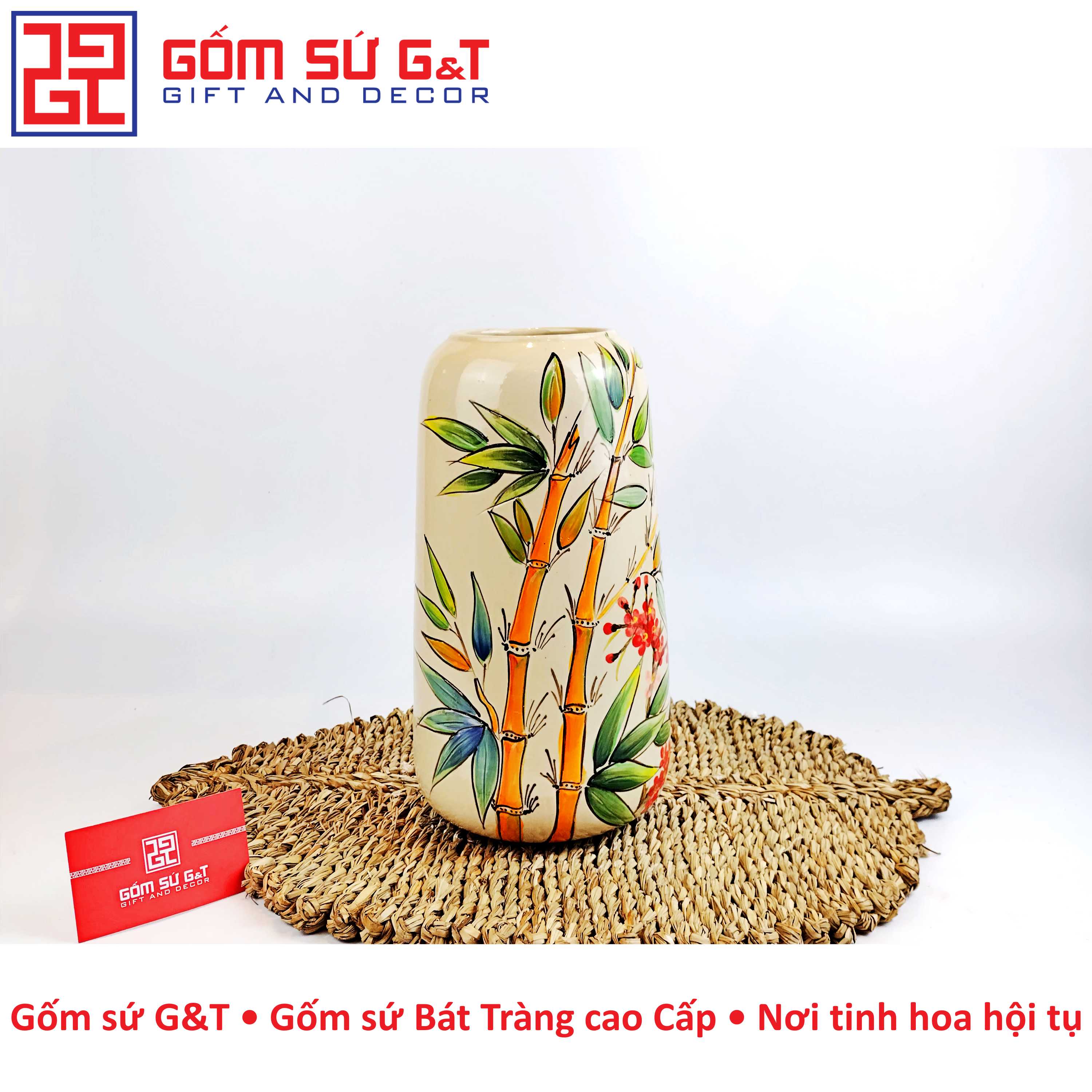 Lọ hoa dáng đu đủ vẽ trúc đào Gốm Sứ G&amp;T