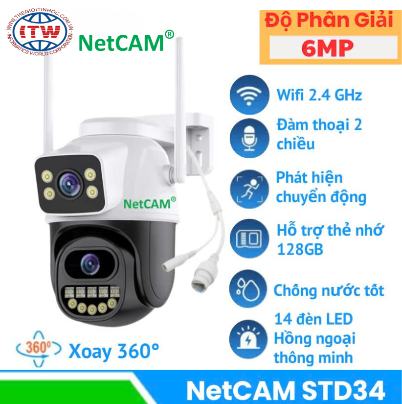Camera Ngoài Trời NetCAM STD34, Quay Quét 360 độ, có Ống Kính Kép với Độ phân giải Siêu Nét 6MP - Hàng Chính Hãng