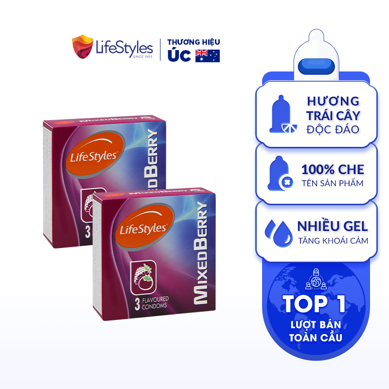 Bộ 2 Bao Cao Su LifeStyles Mixed Berry Hương Dâu 3 Mùi Cao Cấp Hộp 3 bao