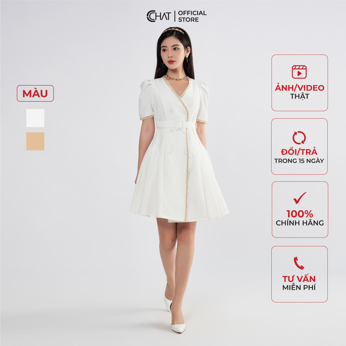 Đầm Nữ Kiểu Cổ V Đè Dây Thân Trước Dáng Xòe Chất Tuytsi Cao Cấp 62VNS2034XT