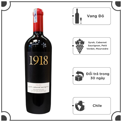 Rượu Vang Đỏ 1918 Prime Syrah Cabernet Sauvignon Premium 750ml 14.5% - Chile - Hàng Chính Hãng