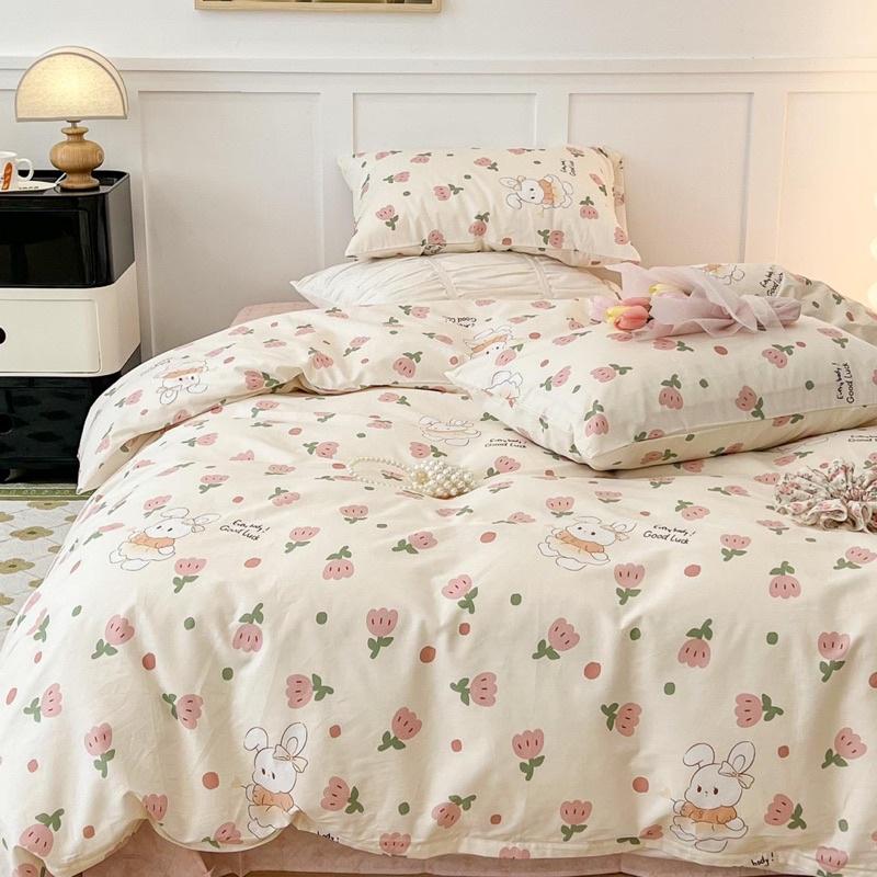 Bộ Chăn Ga Gối Living 100%cotton Hàng Nhập Khẩu Cao Cấp 4 Món Hoa Thỏ