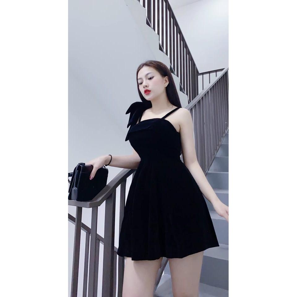 Đầm Xòe - Đầm Xòe Nữ 1 Dây Kết Nơ Vai Xinh Xắn