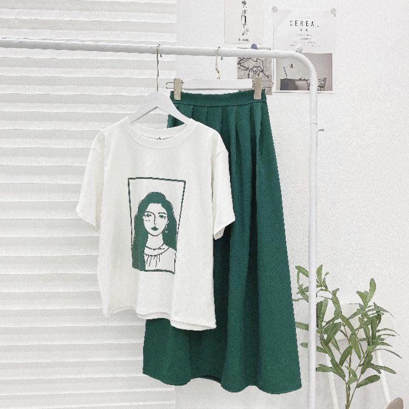 SET ÁO PULL XANH CÔ GÁI CHÂN VÁY MIDI DÀI