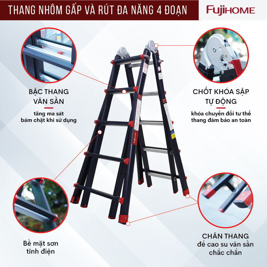 Thang nhôm gấp trượt chữ A 4M Nhập Khẩu đa năng chống trượt Black, thang gấp rút 4 bậc có khóa an toàn Multi Purpose Ladder - Hàng nhập khẩu