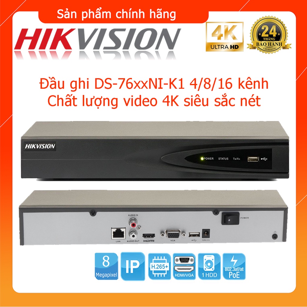 Đầu ghi hình camera IP 8MP tích hợp POE Chuẩn nén video H.265+ Độ phân giải ghi hình tối đa 8MP, 4/8/16 kênh mã SP 76xxNI-K1 - Hàng chính hãng