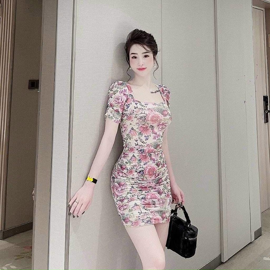 Đầm body nhún xếp ly hoạ tiết hoa sang chảnh