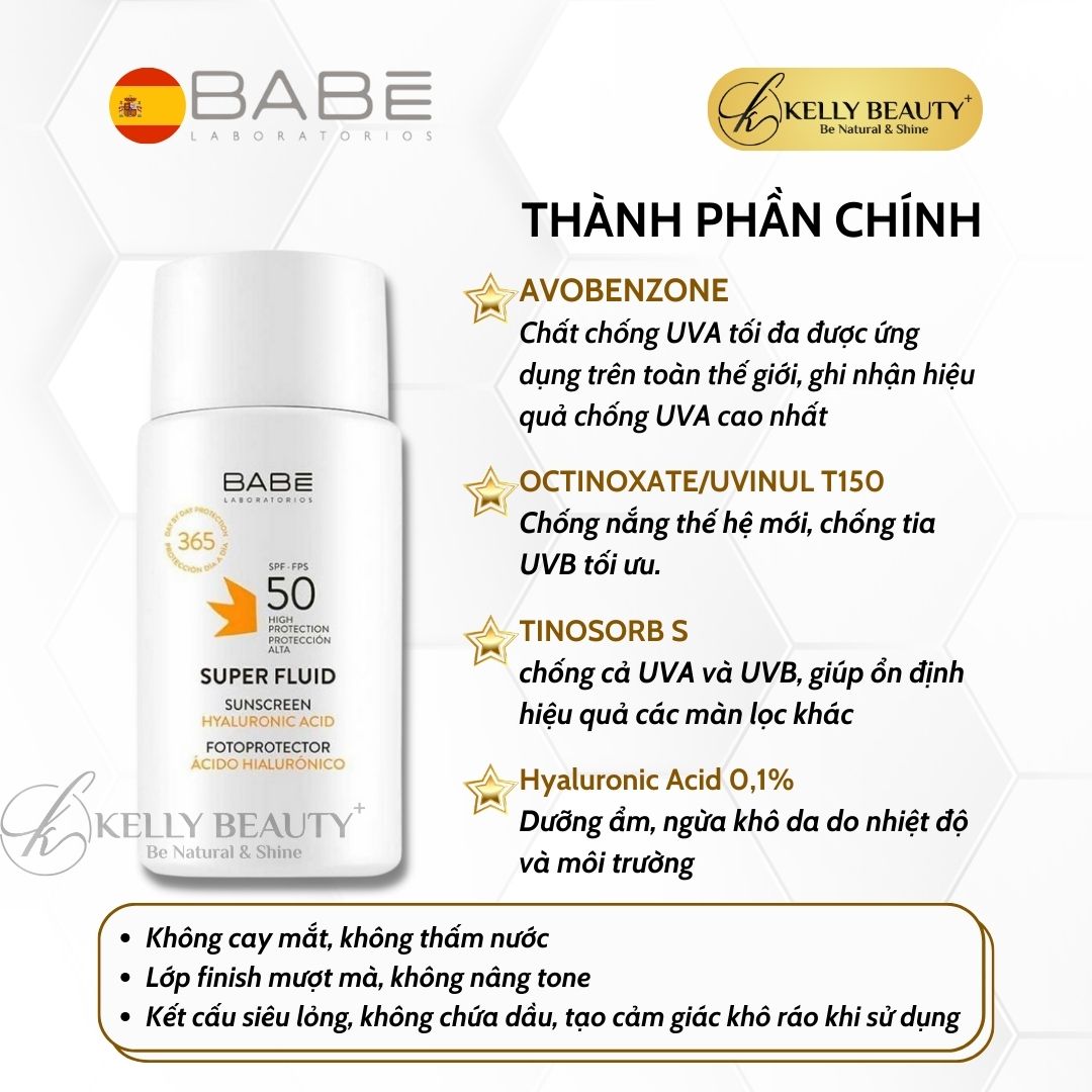 Kem Chống Nắng Dưỡng Ẩm BABE Super Fluid Sunscreen SPF 50 | Kelly Beauty