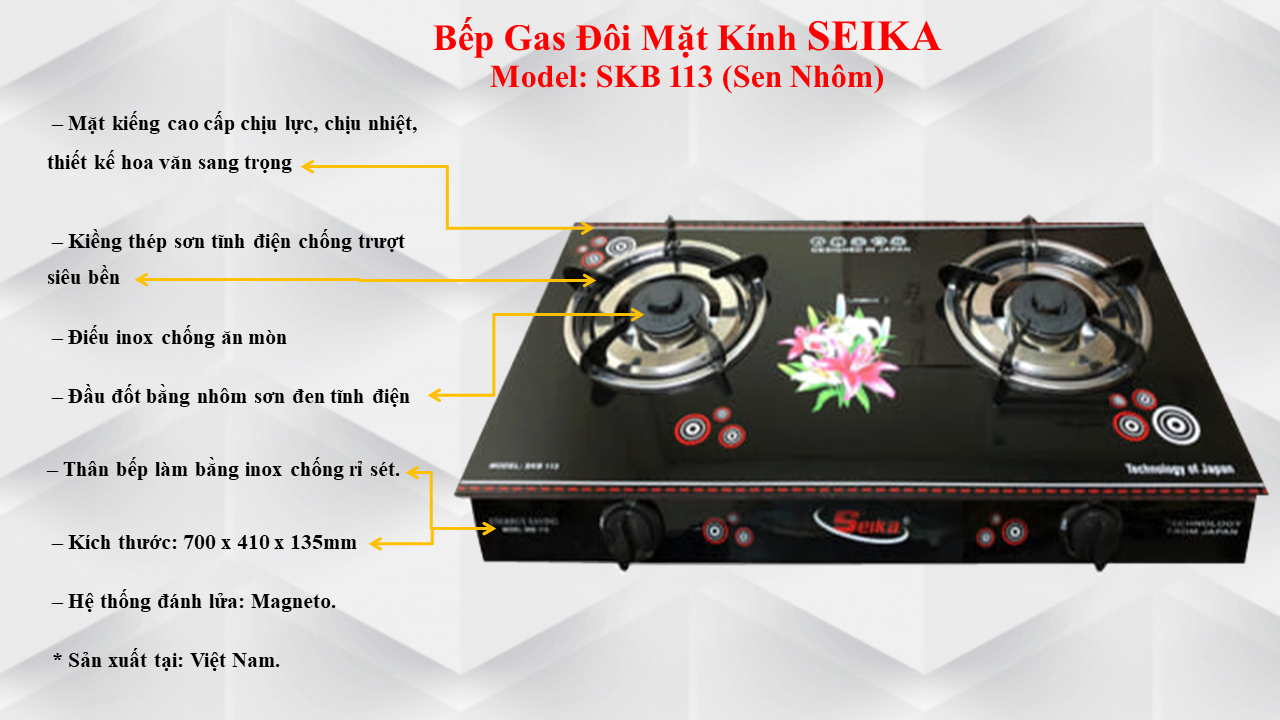 Bếp Gas Đôi Mặt Kính SEIKA - (Sen Nhôm) SKB113- Hàng Chính Hãng