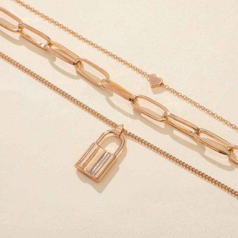 Dây chuyền ba lớp mặt dây hình ổ khóa và trái tim hợp thời trang cho nữ