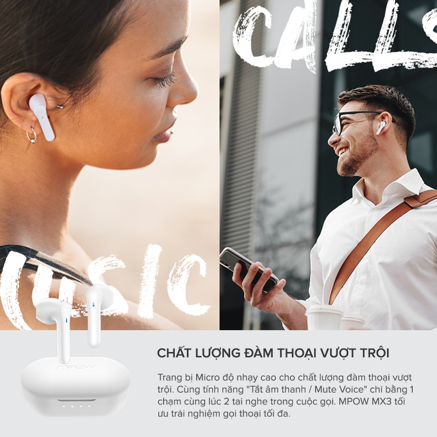 Tai Nghe True Wireless MPOW MX3, Sạc Không Dây, BT 5.0, Cảm Ứng, Kháng Nước IPX4, Nghe Đến 25H - Hàng Chính Hãng