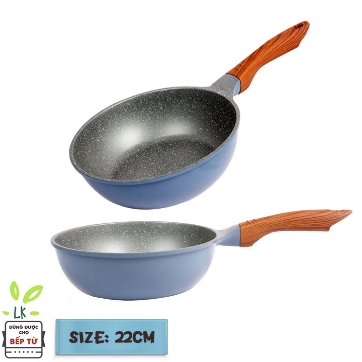 Combo 3 món cao cấp, nồi đúc ceramic đế từ xanh size 20-24cm, chảo đúc sâu lòng vân đá ceramic đê từ size 22cm màu xanh (dùng được tất cả các bếp, kể cả bếp từ) - Hàng chính hãng