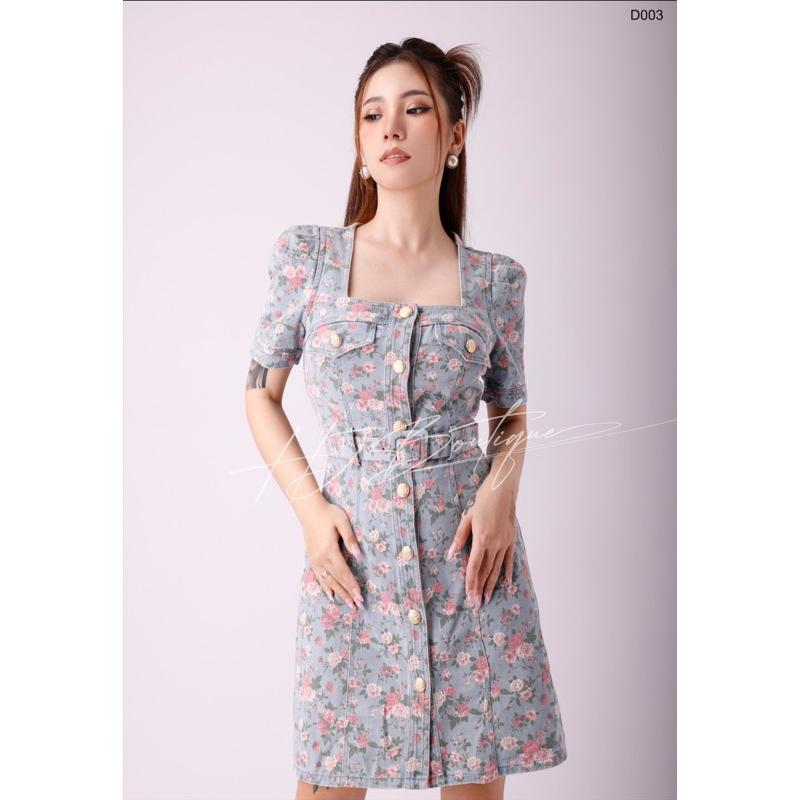 Đầm Jean Cổ Vuông Tay Phồng Kèm Belt - D03