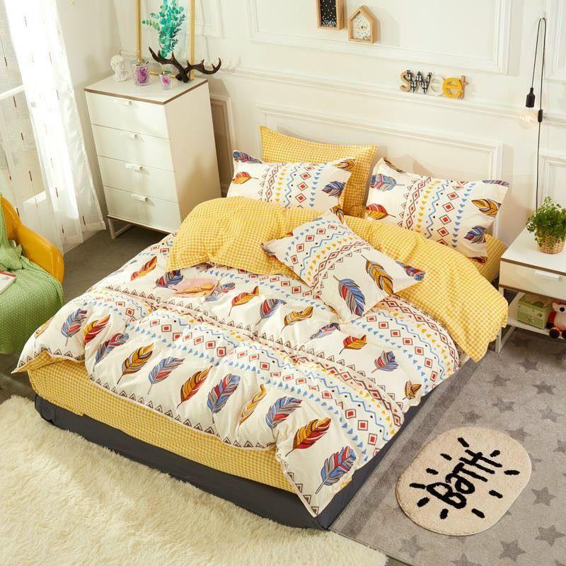 Bộ chăn ga gối cotton poly Thổ cẩm lông vũ