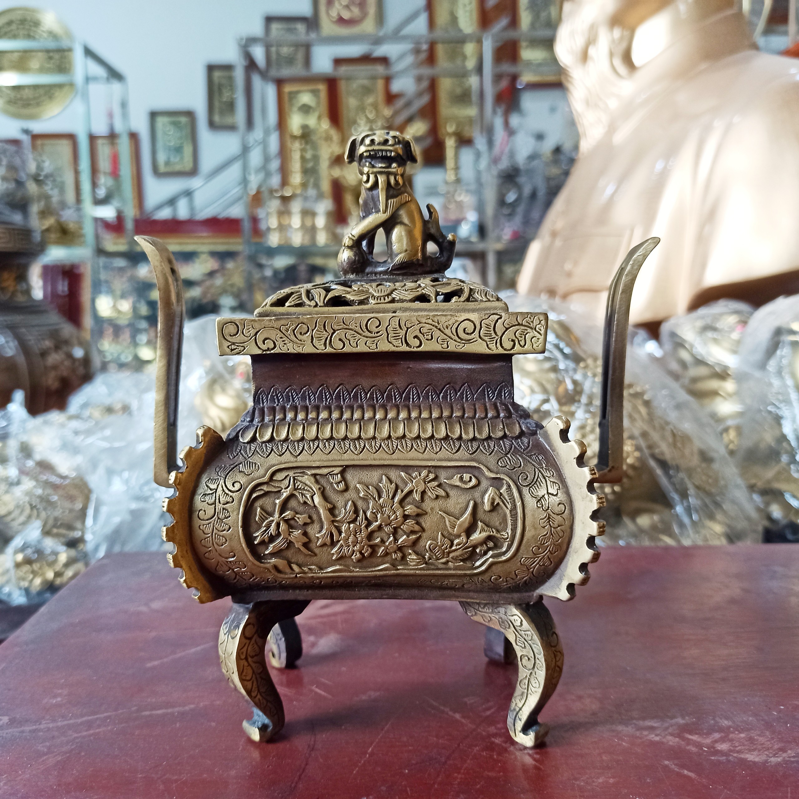 Đỉnh Lư Đồng Xông Trầm Hương cao 18cm nắp nghê thân vuông họa tiết đẹp - Đồ đồng Nguyệt Ánh 0916756116