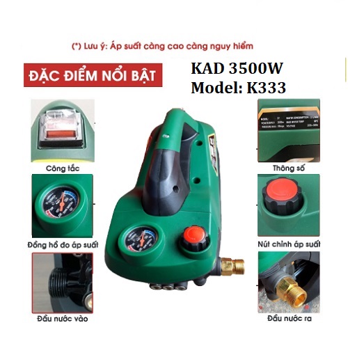 Máy phun xịt rửa xe áp lực cao KAD-3500W công suất mạnh, điều chỉnh được áp lực phun, phù hợp cho mọi công việc, dây áp lực cao 15m chống xoắn, chống gập(giao màu ngẫu nhiên).