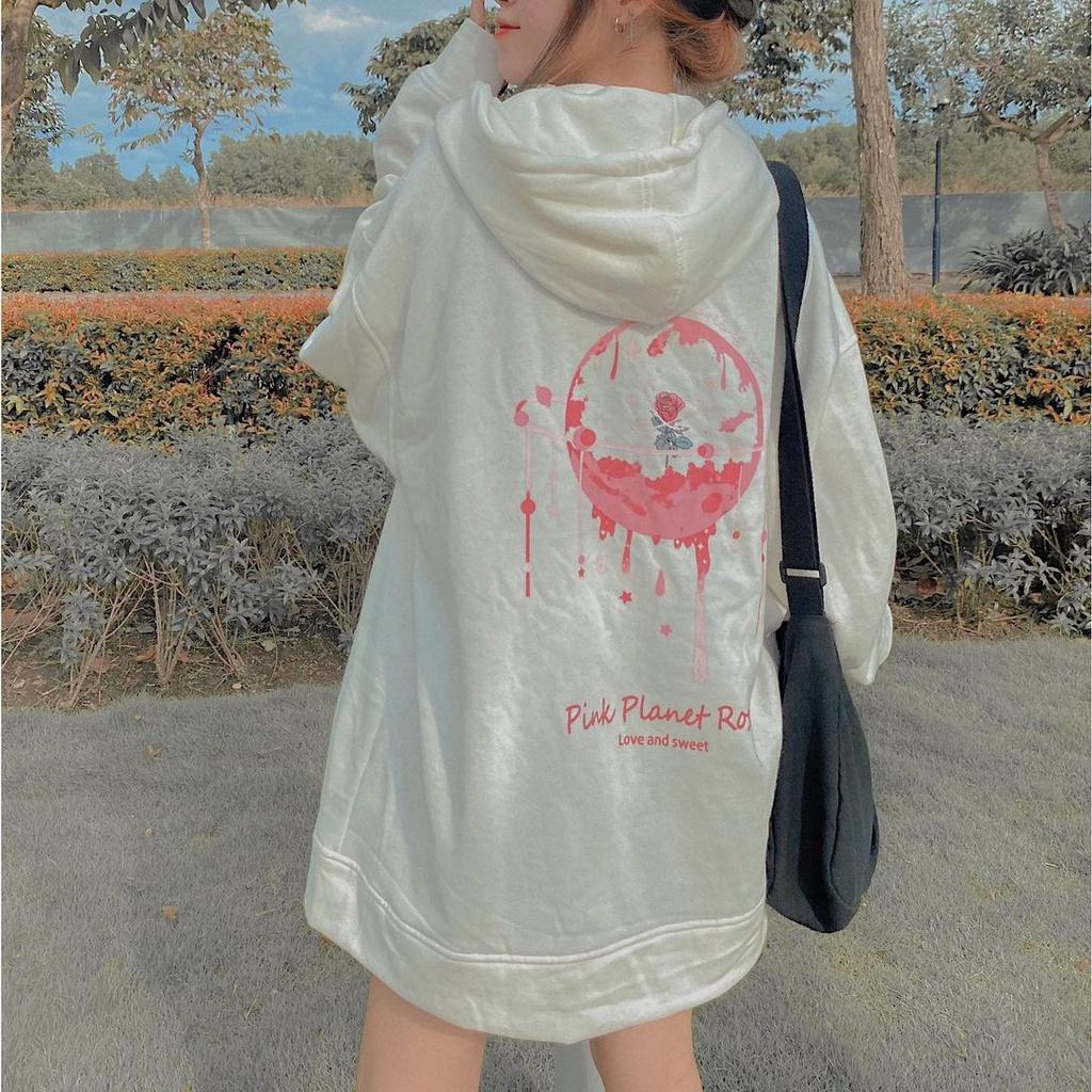 Áo Khoác Nỉ Bông PLANET ROSE Phối Dây Kéo Form Rộng Ulzzang