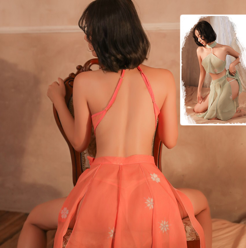 Váy ngủ cổ trang cổ yếm hở lưng kèm chân váy sexy cao cấp Q603 - Đầm ngủ cổ yếm gợi cảm quyến rũ - Đồ ngủ nữ