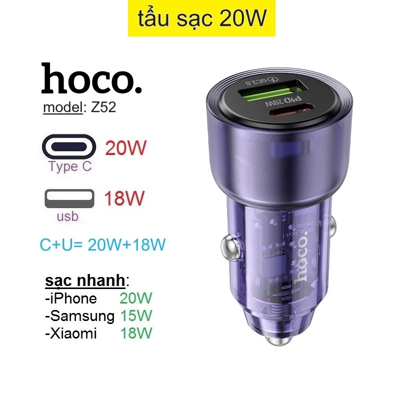 Tẩu sạc 20W (Type C + USB) Hoco Z52 sạc nhanh cho điện thoại Samsung/ iP/ Xiaomi _  Hàng chính hãng