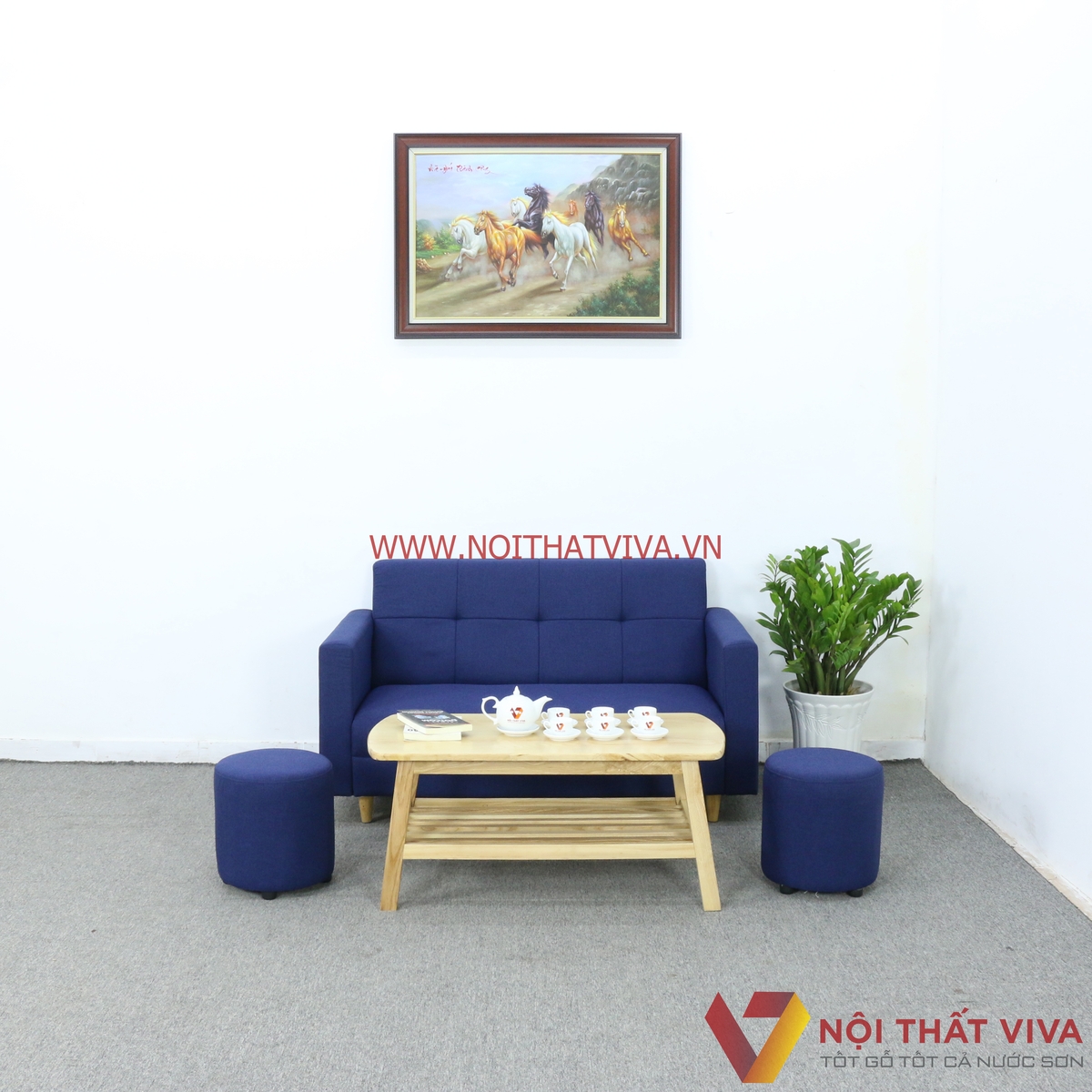 Bộ Bàn Ghế Sofa Nệm Bọc Nỉ Màu Xanh Dương 4 Món Gọn Đẹp Giá Rẻ