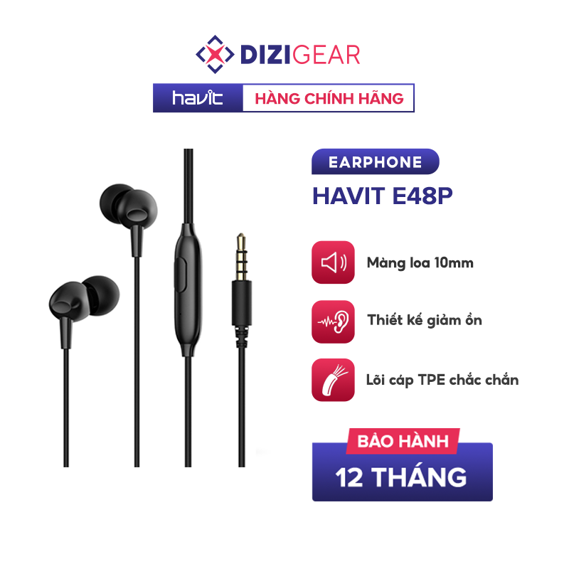 Tai Nghe In-ear HAVIT E48P High-end Dynamic Giảm Ồn, Nút Nhấn Đa Chức Năng, Dây TPE Nhiều Màu Sắc - Hàng Chính Hãng