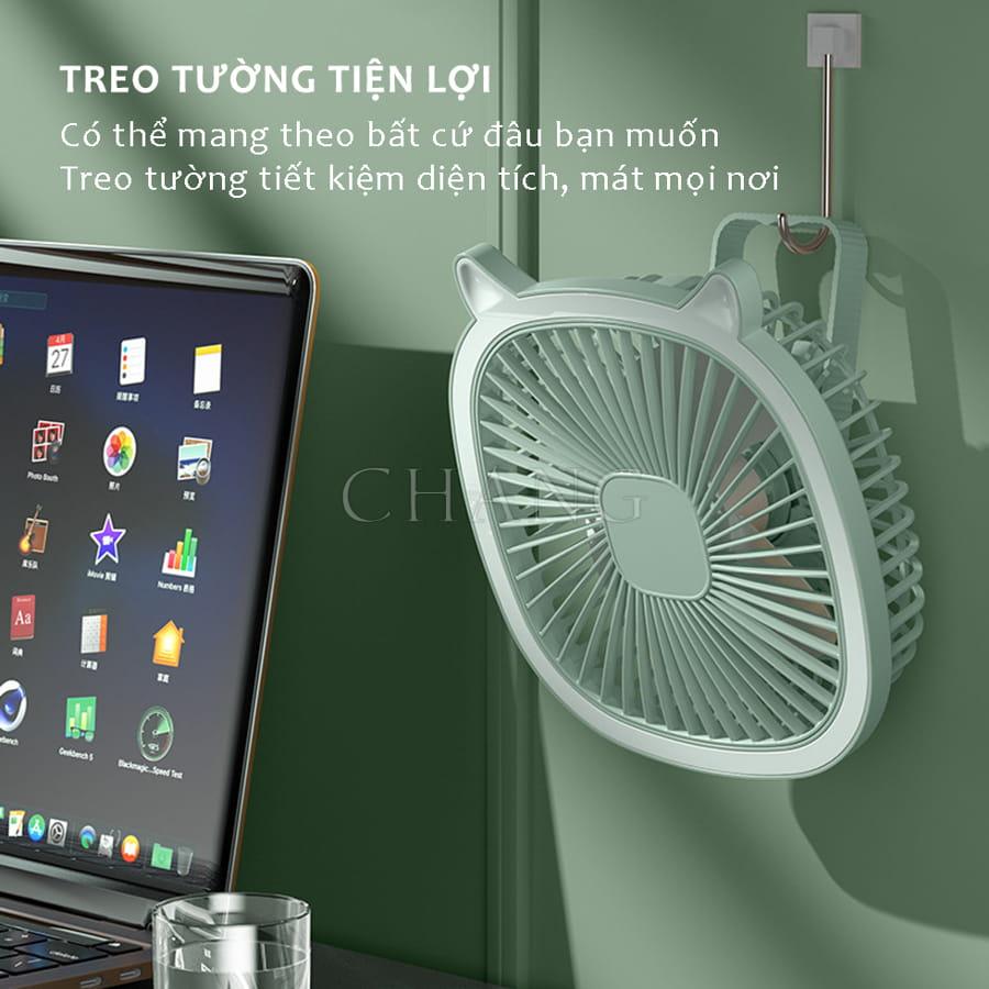 Quạt Tích Điện Để Bàn, Treo Tường Mini Có Đèn Led Chiếu Sáng, Sạc Pin USB Điều Chỉnh 3 Tốc Độ Gió