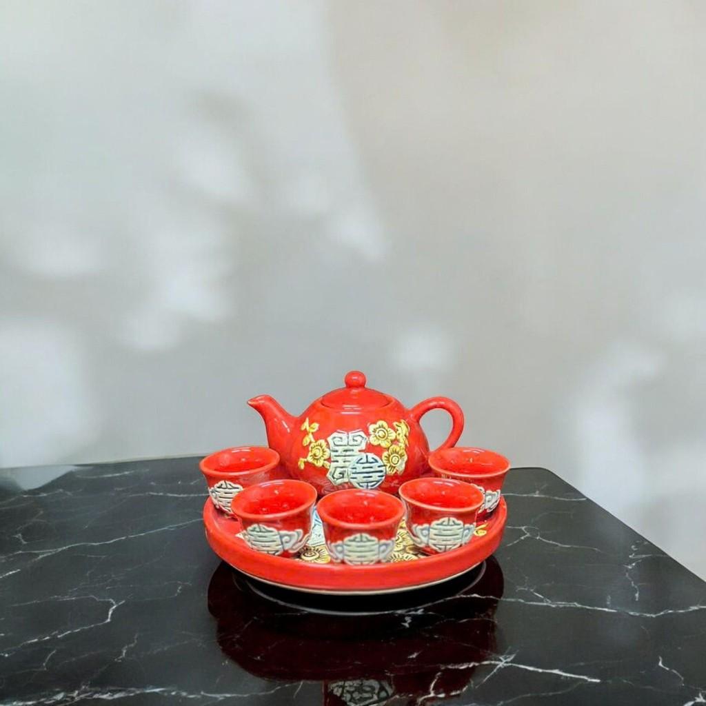 Bộ đồ thờ RỒNG VIỆT men đỏ đắp nổi, gốm sứ Bát Tràng tinh xảo, sản phẩm cao cấp cho thờ cúng