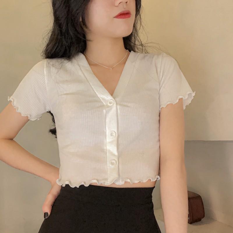 Áo Croptop thun gân đũa cổ V 3 nút viền cuốn biên Vải dày đẹp, mịn