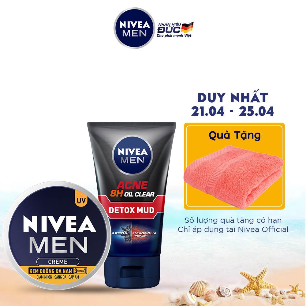 Combo NIVEA MEN chăm sóc da cho nam Sữa rửa mặt Detox Bùn khoáng giảm mụn (83940) &amp; Kem dưỡng da 3in1 giúp sáng da cấp ẩm (83923)