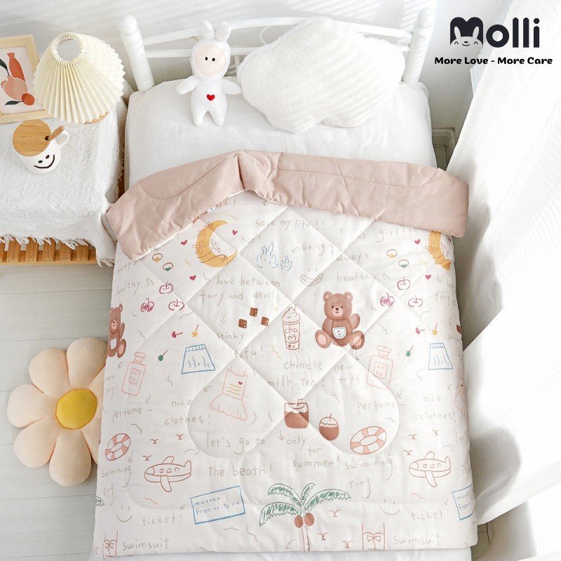 Chăn Cotton Chần Bông Molli Siêu Nhẹ, Siêu Ấm Cho Bé Họa Tiết Đáng Yêu Cho Bé