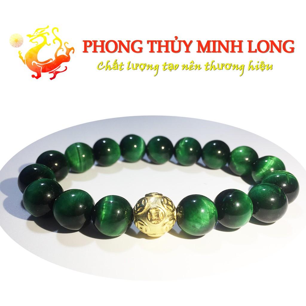 Vòng tay đá Mắt Hổ Xanh Lá chất lượng 5A mix 1 hạt kim tiền Vàng hợp mệnh Mộc và Mệnh Hỏa