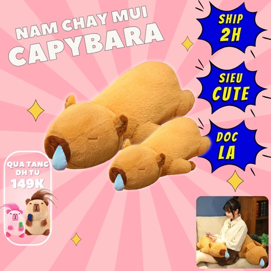 Thú nhồi bông capybara phom nằm đáng yêu - Size từ 60cm đến 90cm - Quà tặng gấu bông chuột lang chảy nước mũi có thể kéo ra được