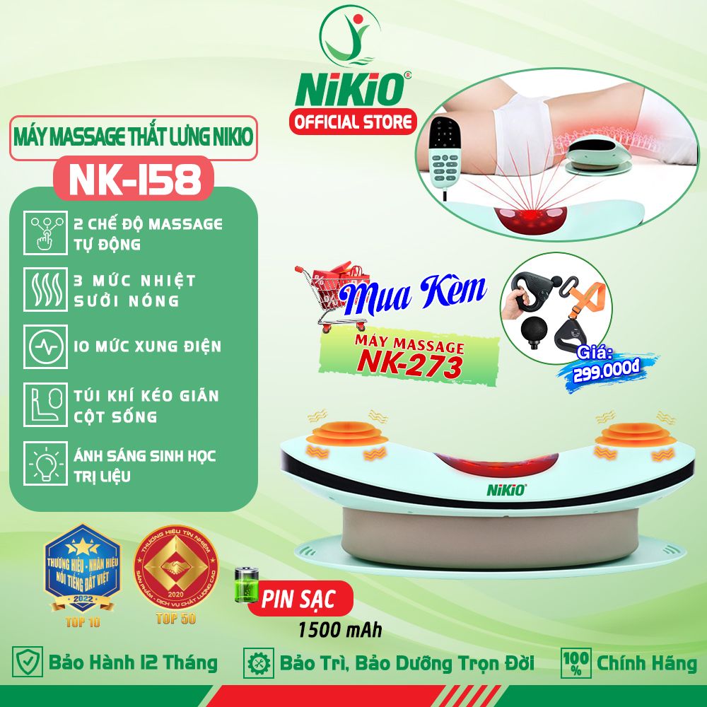 Máy Massage Lưng Và Thắt Lưng Nikio NK-158 - Công Nghệ Mát Xa Cải Tiến 4in1 Nhiệt Nóng, Xung Điện, Rung, Túi Khí - Hỗ Trợ Điều Trị Thoát Vị Đĩa Đệm, Thoái Hóa, Đau Cột Sống Lưng - Dòng Không Dây Pin Sạc, Có Remote Điều Khiển