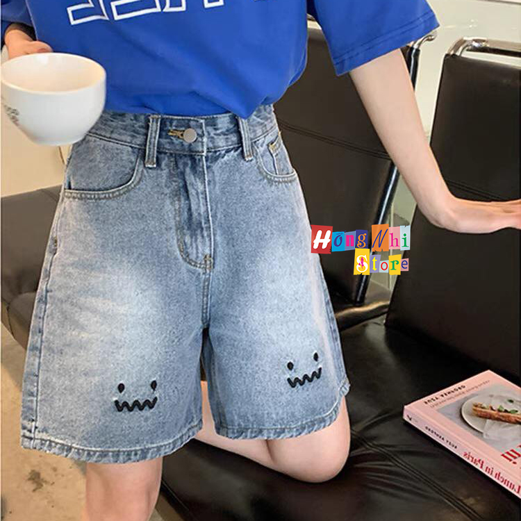 Quần Short Jean Ngố Đùi Thêu Mặt Cười Cạp Cao Ống Rộng Ulzzang - MM