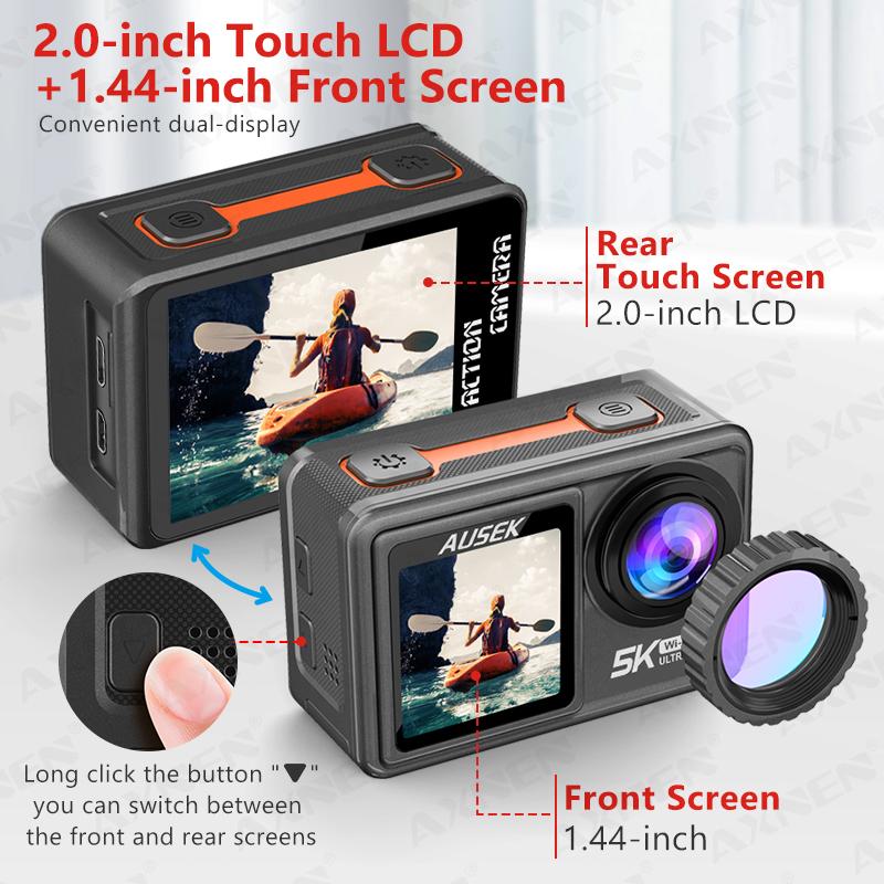 AXNEN AUSEK Camera hành động 5K 4K 60FPS EIS 48MP Màn hình cảm ứng 1080P Webcam Vlog WiFi Camera thể thao có điều khiển từ xa, Ống kính lọc tùy chọn