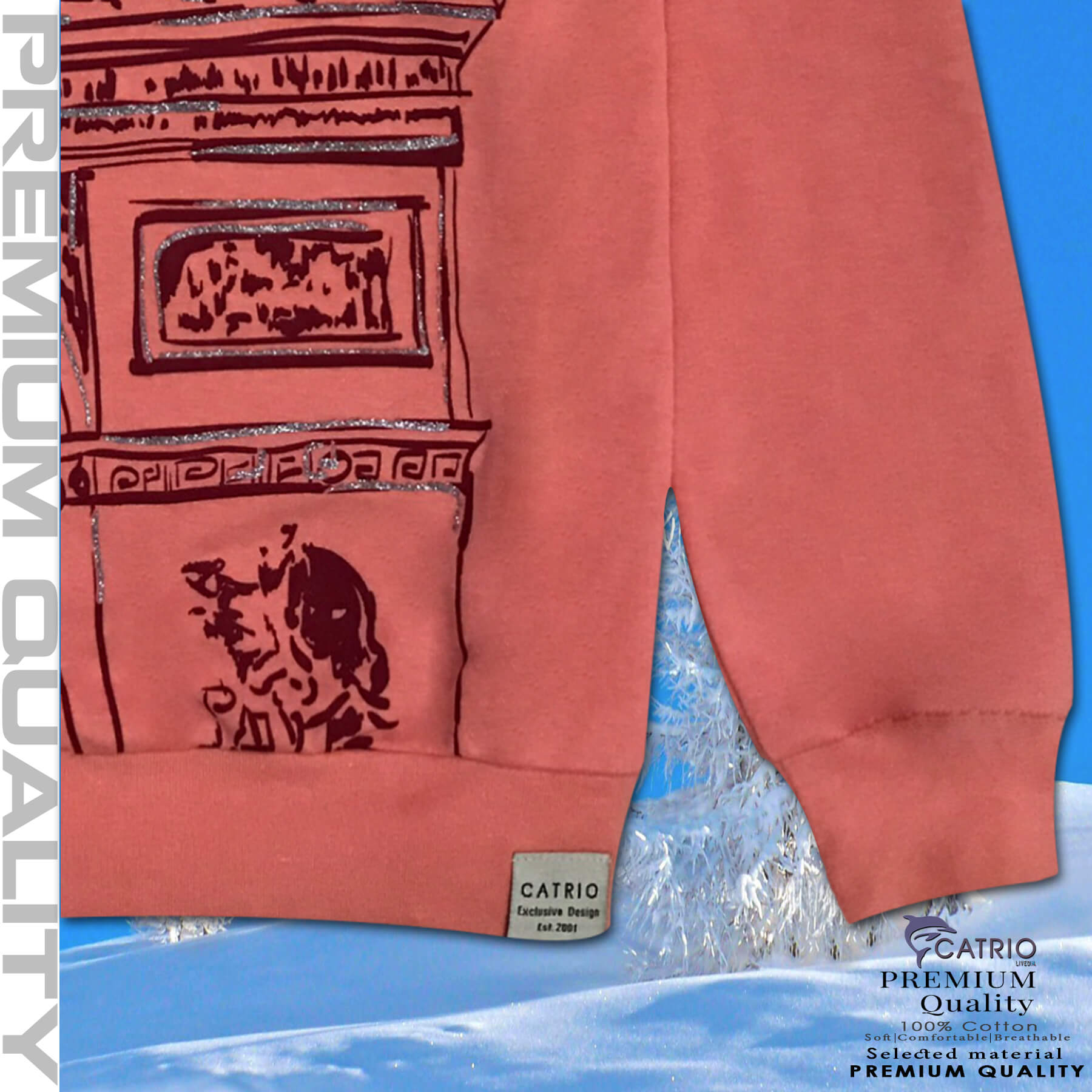 ÁO THU ĐÔNG BÉ GÁI CATRIO PARIS là áo thun cổ tròn tay dài vải 100% cotton an toàn cho bé gái từ 35kg đến 50kg dệt kiểu da cá mặc khi thời tiết lạnh thay thế cho áo len