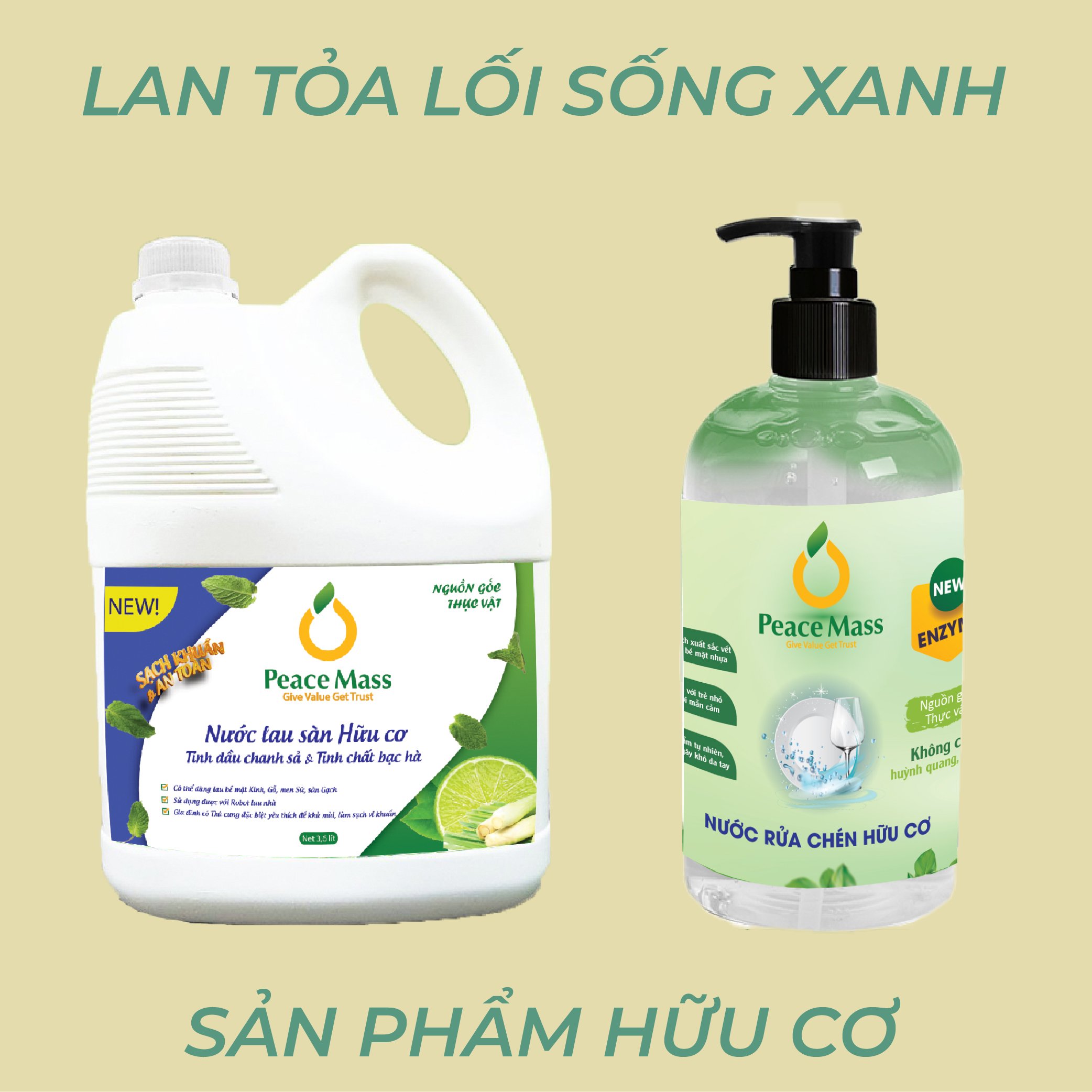 Combo Sản Phẩm Gốc Thực Vật LSB1 Peace Mass - Nước Lau Sàn TD Chanh Sả - Bạc Hà 3.6l + Nước Rửa Chén 500ml (Thuộc nhóm Sản phẩm Lành tính / Hữu cơ)