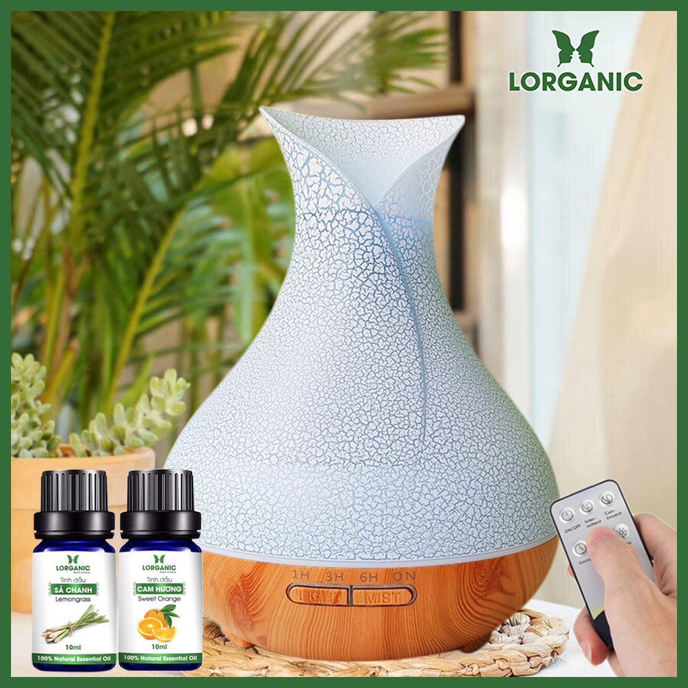 Combo máy khuếch tán/ máy xông tinh dầu bình hoa + tinh dầu sả chanh + tinh dầu cam Lorganic